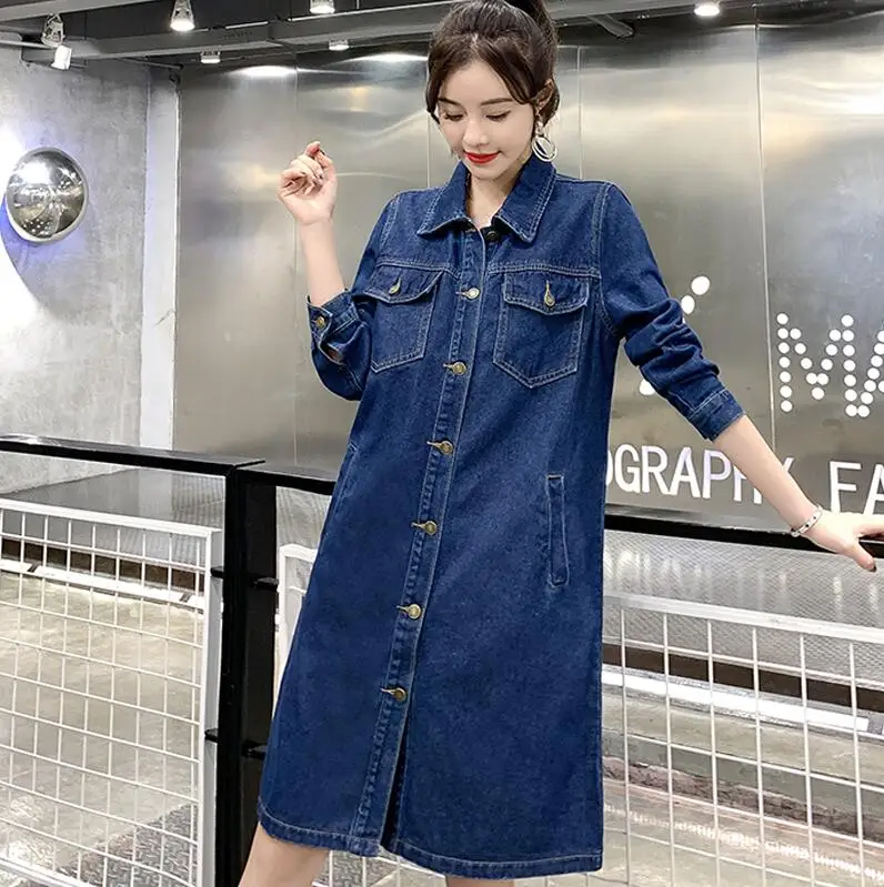 Denim Blue Весенняя и осенняя женская джинсовая куртка с длинным рукавом, джинсовое пальто для женщин, джинсовая куртка размера плюс, верхняя одежда большого размера - Цвет: Denim Blue