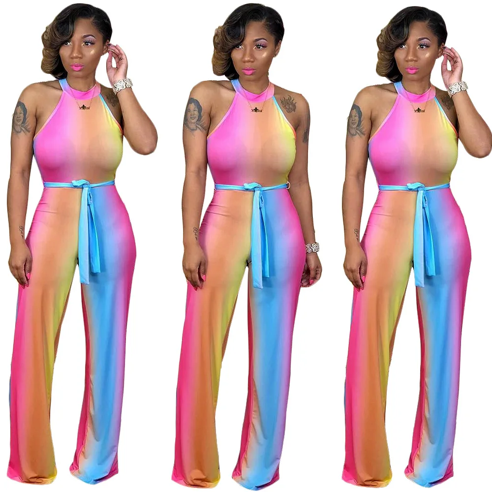 Женский комбинезон облегающий с цветным принтом без рукавов|Комбинезоны c