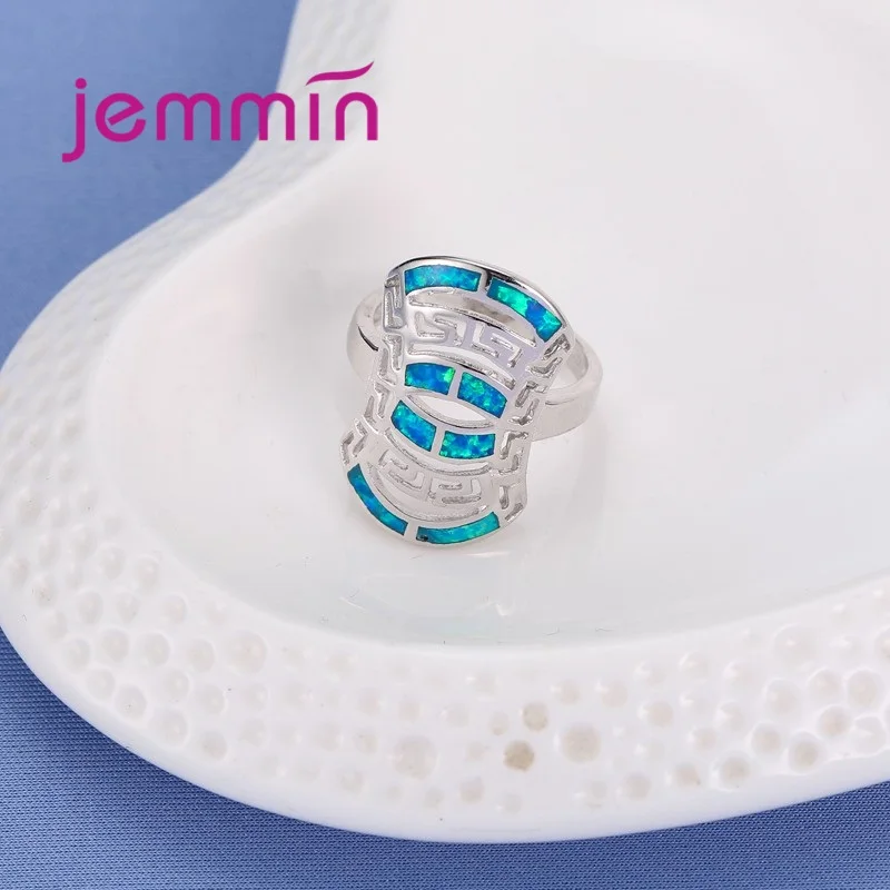 925 Sterling Silver Blue Opal Rings Fine Jewelry Hollow Ring For Women &amp Men Vintage Elegant Style. |