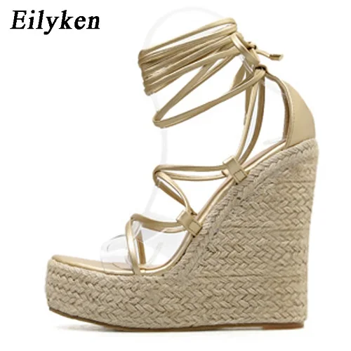 Gold Eilyken/модные летние женские босоножки на танкетке; женские босоножки на танкетке с открытым носком и ремешком на щиколотке; обувь на высоком каблуке; Размеры 35-42 - Цвет: Gold