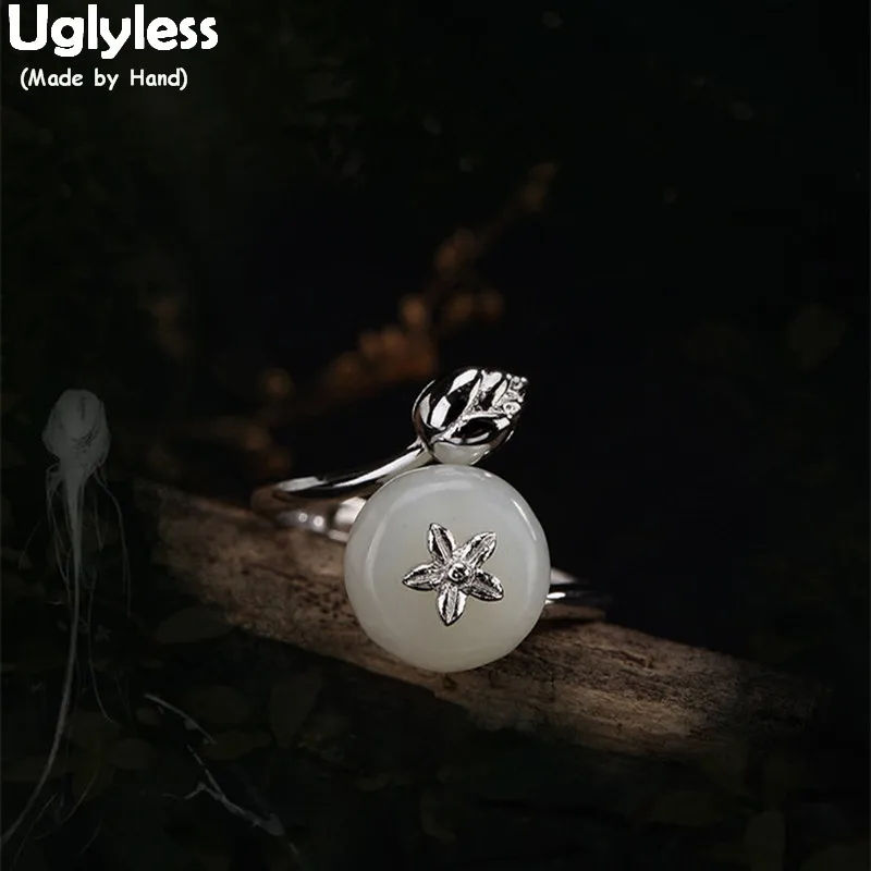 

Uglyless Real S 925 Sterling Silver Jewelry Handmade Natural White Jade Flower Rings for Women Romantic Floral Ring Lotus Bijoux