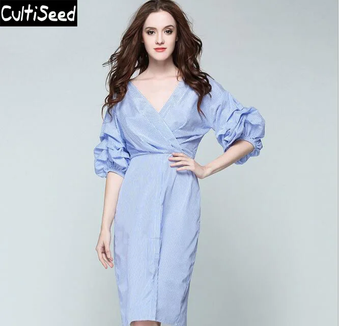 

Striped Dress Female Sexy V-neck Blue Striped Elegant Office Work Party Dress with Lantern Sleeve Women Vintage Slim Dress