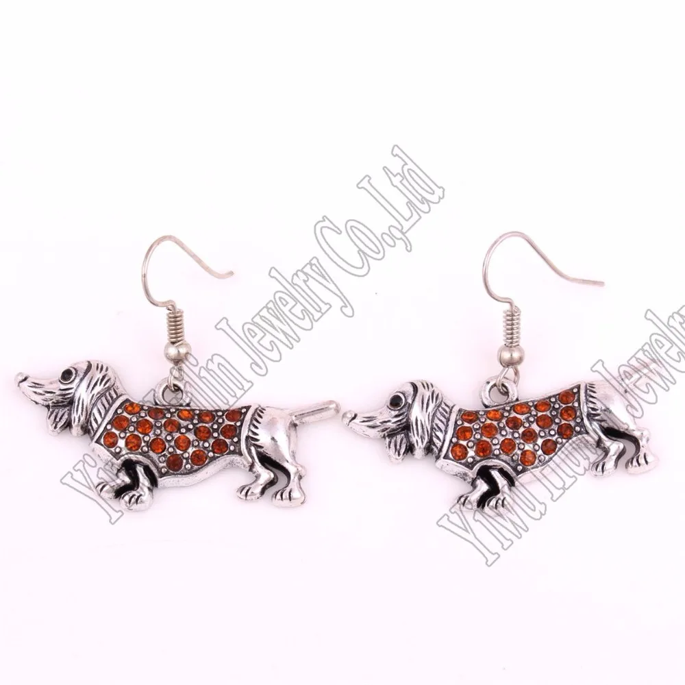 Серьги с кристаллами покрытые родием Такса симпатичная подвеска в виде собаки |