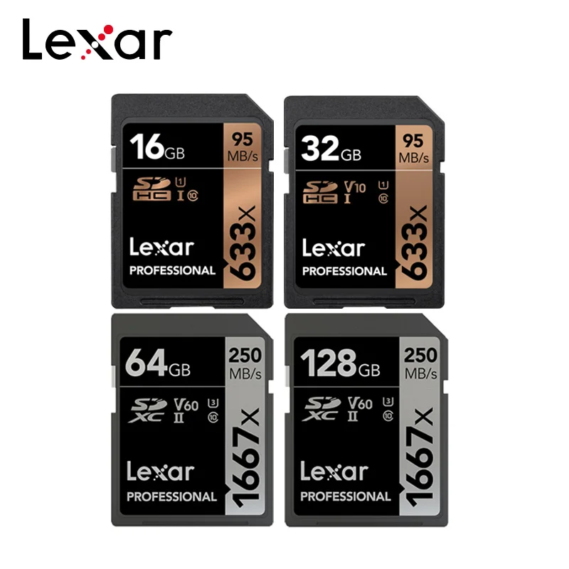 Lexar SD карты 1667x64 Гб 128 ГБ высокоскоростной 250 МБ/с. UHS-II V60 U3 карту памяти SD класса 10 633X16 Гб оперативной памяти, 32 Гб встроенной памяти для 3D 4K HD видео камера