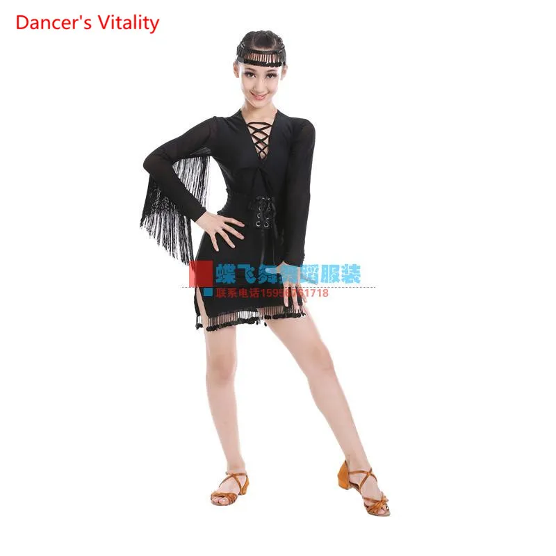 

New Tassels long sleeve women/girls Latin Dance competition dress for children /girls dance stage performance/practice costumes