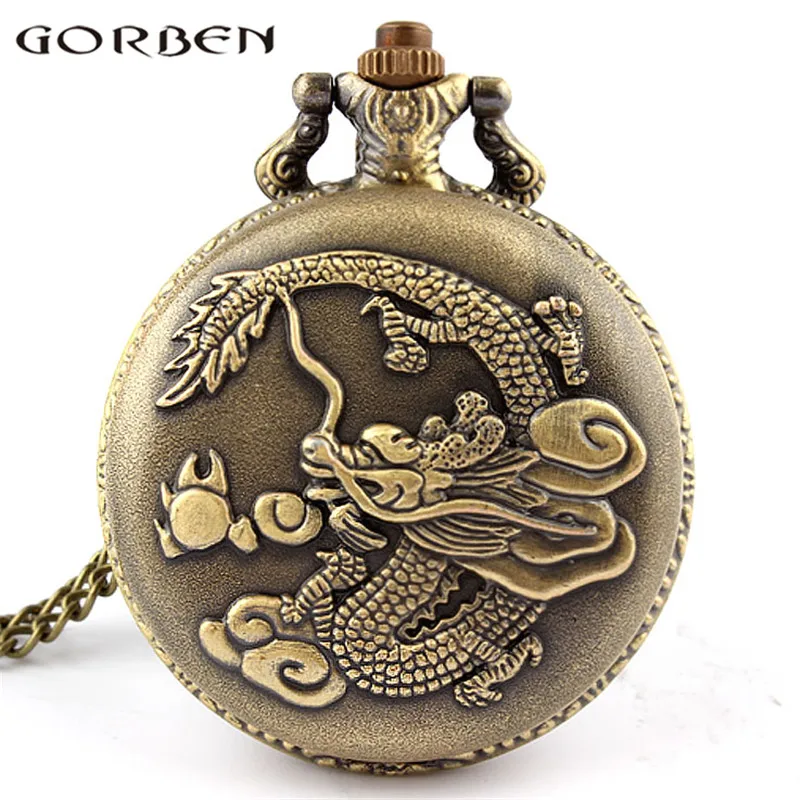 

2017 New Arrival Gorben Watch Bronze Retro Chinese Zodiac Dragon Design Steampunk Quartz Pocket Watch Unisex Necklace Pendant