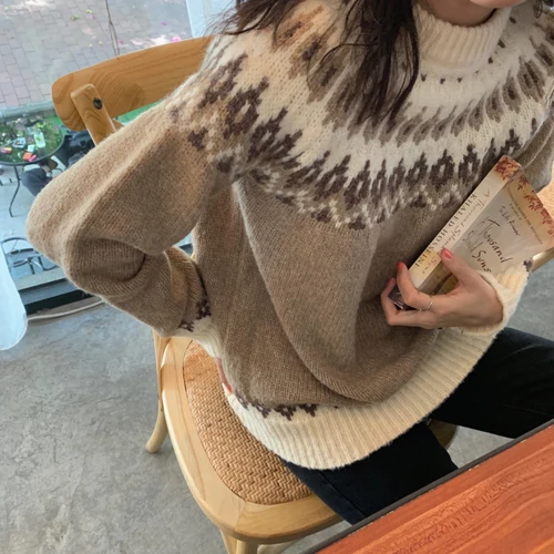 brown Harajuku зимний модный винтажный Женский пуловер с геометрическим принтом и круглым вырезом, Свободный вязаный женский свитер большого размера с длинным рукавом - Цвет: brown
