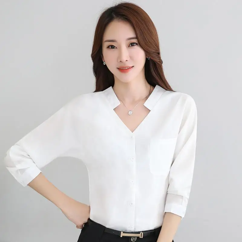 Женская элегантная летняя рубашка 2017 Ol формальная с v образным вырезом тонкая