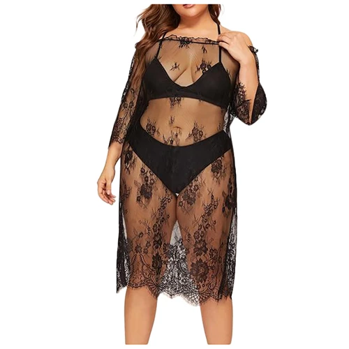 KANCOOLD Clothes Women Plus Size 5XL Print Lace Hollow Out Mesh Beach Dress Half Sleeve Long Coat Swimsuit Cover Ups Top Black - Цвет: BK