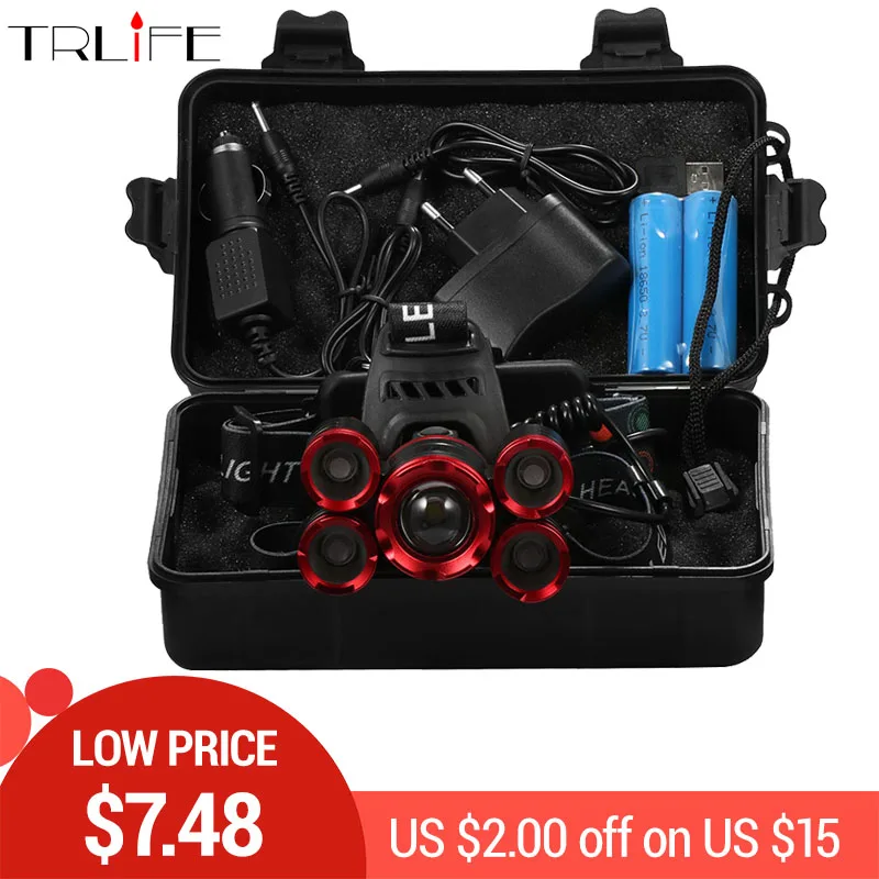 

5*T6 LED Headlight ZOOM Flashlight Torch Camping Fishing Headlamp lantern Use 2*18650 battery /AC/Car/Usb/ charging