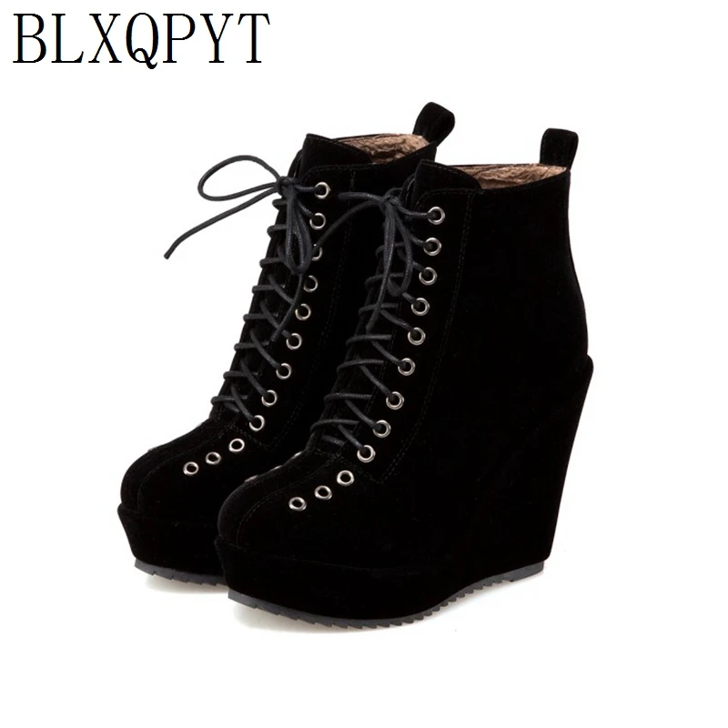 

BLXQPYT Sweet Fashion Lace Up Platform Ankle boots Women High heels Wedges boots Ladies Spring Autumn Winter shoes woman 871-5