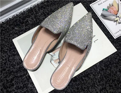 

Shoes Woman Leather Pointed Toe Mules Slippers Lazy Shallow Flats Woman Crystal Outside Slippers Mules Shoes zapatos de mujer
