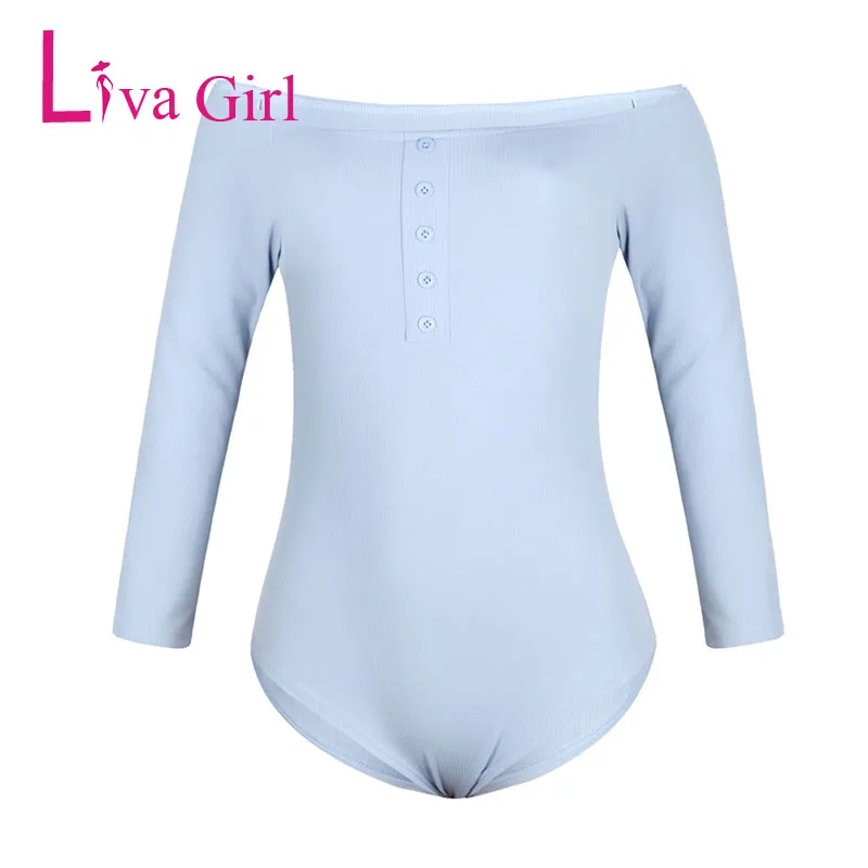 LIVA GIRL Сексуальный костюм в обтяжку для женщин сплошной длинный рукав с открытыми плечами Обтягивающие Комбинезоны женские боди Топы комбинезон черный S-XL - Цвет: Light Blue