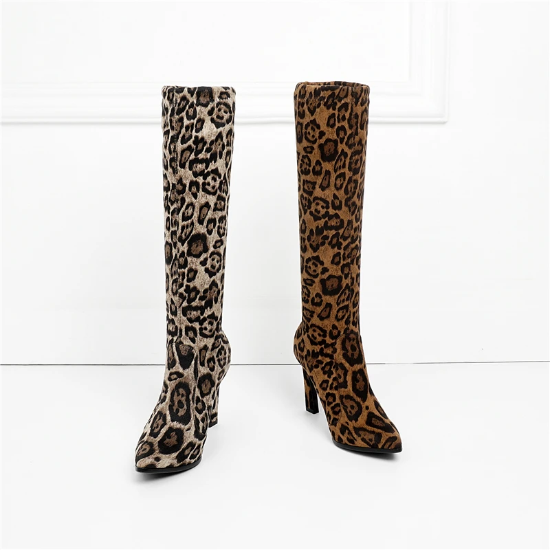 ESRFIYFE 2020 New Autumn Winter Sexy High Heels Fashion Boots for Woman Knee-high Stretch Leopard Stilettos | Обувь