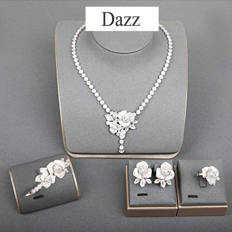 Dazz модный серебряный цвет цветок полный циркон ожерелье серьги кольцо браслет