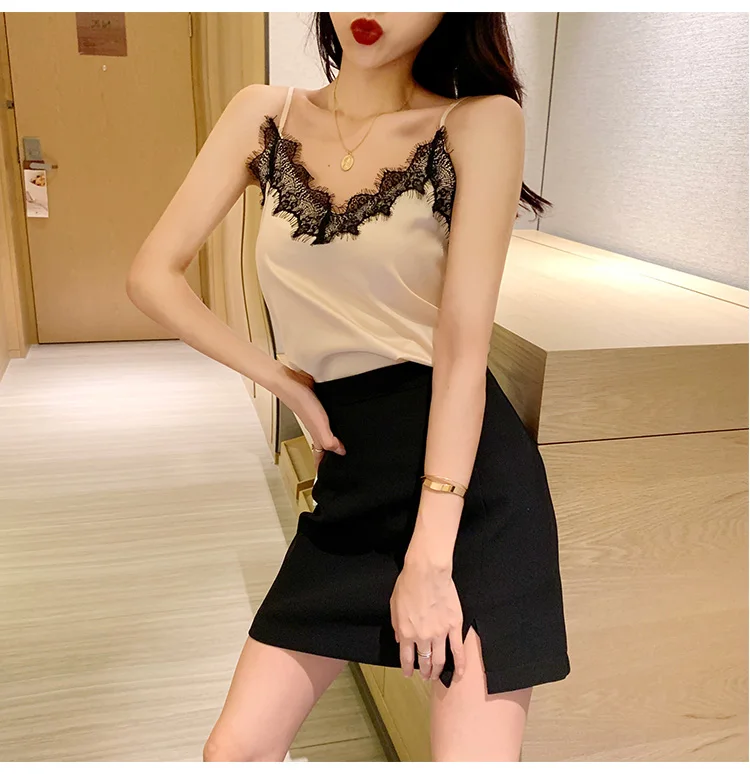 Lace Trim Double V Neck Satin Silk Top Sexy Tops for Women Fitness Tank Top White Elegant Workwear Women's Sleeveless Tops
