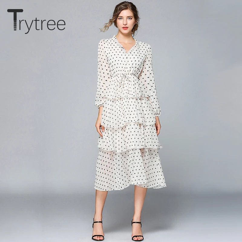 Trytree 2019 лето осень повседневное элегантное платье в горошек Плиссированное с v
