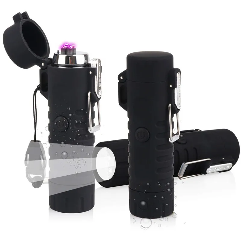 

Waterproof USB Double Arc Lighter with LED Flashlight Rechargeable Cigarette Lighter for Outdoor Camping Hiking Birthday Gift