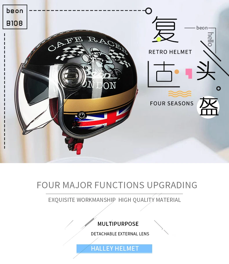 BEON B-108A moto rcycle шлем 3/4 с открытым лицом шлемы moto cross винтажный шлем moto casque Capacete Ретро шлем