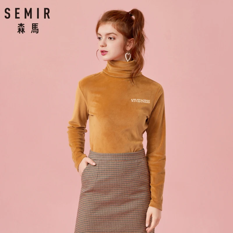 SEMIR Women Fitted Embroidered Velvet t Shirt Sweatshirt Long Sleeved with Roll-up Turtleneck Cozy Style for Winter Soft Lined | Женская