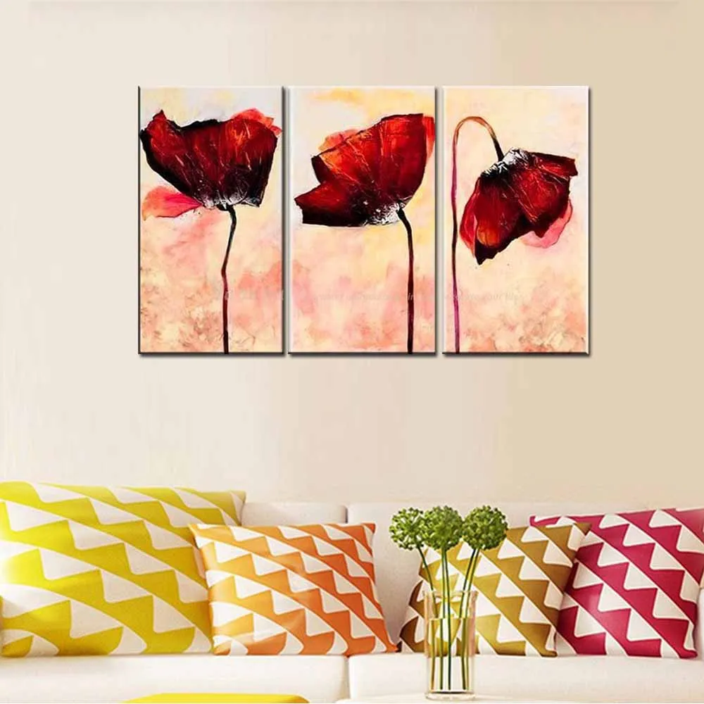

Hand Painted Abstract Three Panels Red Poppy Flower Canvas Oil Painting Poppy Picture Living Room Bedroom Home Wall Decoration