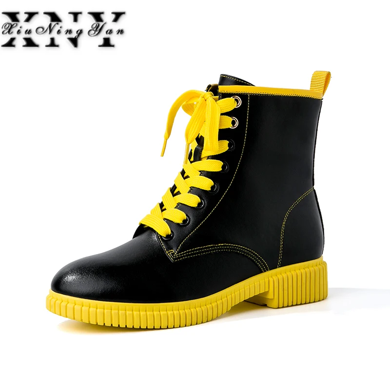 

New Arrival Fashion Women Ankle Boots for Chunky Low Heel Lace Up Genuine Leather Multicolour Martin Boots Females Shoes Woman