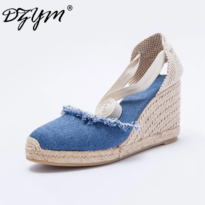 

DZYM Summer Denim Women Wedge Sandals Ankle Strap Fisherman Shoes Super High Heels Espadrilles Linen Flax Sapato Feminino