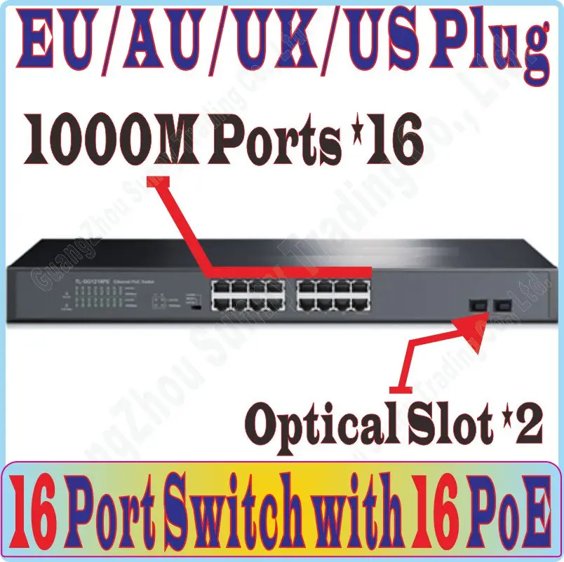 Макс. PoE 185 Вт 16 портовые переключатели портов Gigabit 1000 Мбит/с коммутатор с POE