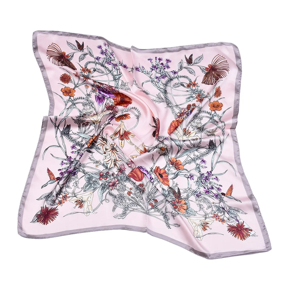 Autuam Women Square Scarf 70x70 Handkerchief feather Flower Printed silk Scarves Fashion Headbands Spring Small Bandana | Аксессуары для