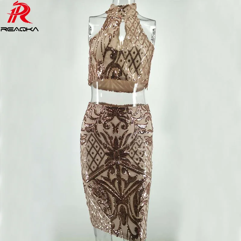 Reaqka Women Summer Two pieces Golden Sequins Dress 2017 Sexy sleeveless Sundress Luxury Club Off Shoulder Party Dresses vestido|vestido off|dress