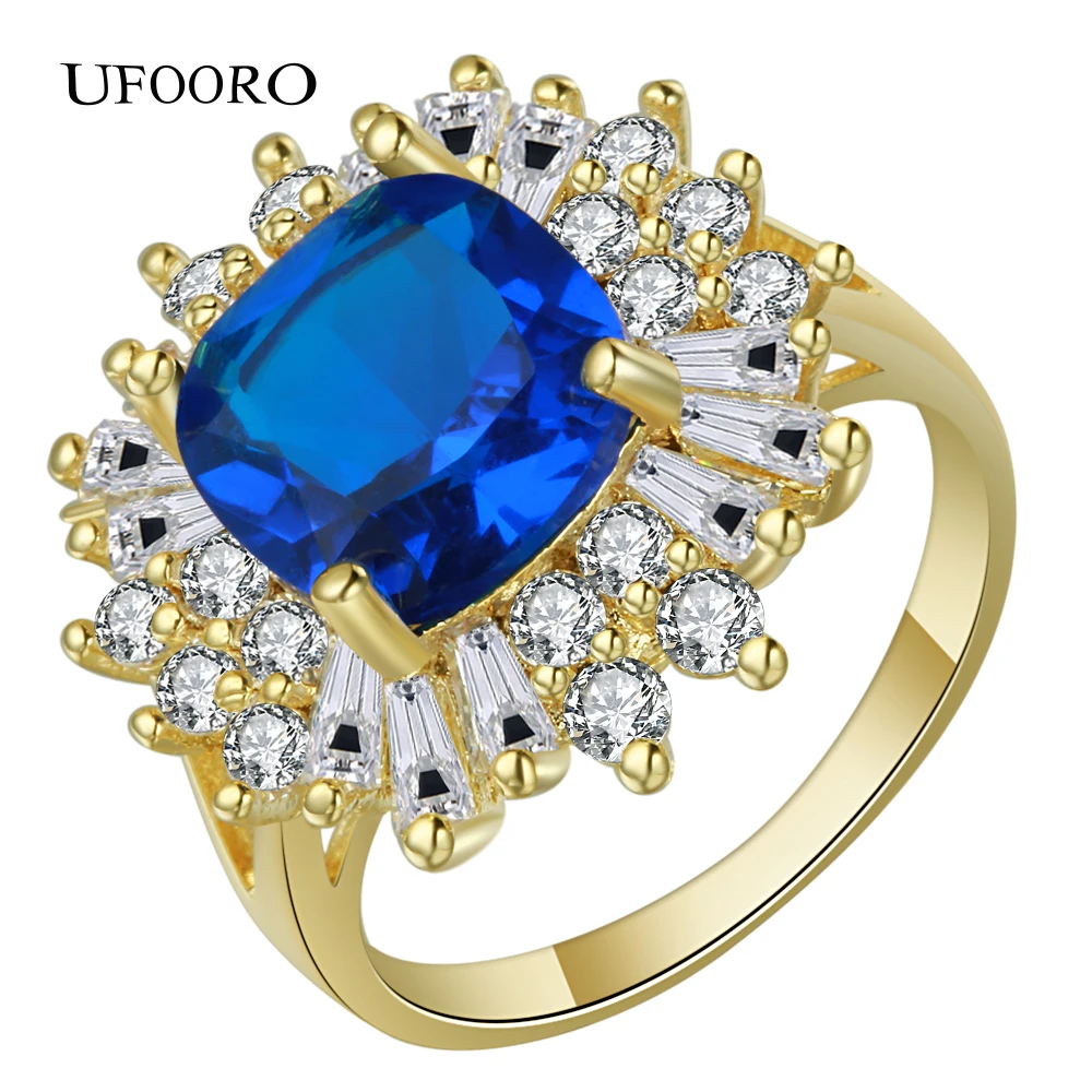 Blue Big Gems Wedding Ring Exaggerated Flower Finger Rings Women CZ Jewelry Gold-color Party Fashion Jewelry Gifts