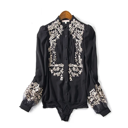 JoursNeige шелковая атласная блузка рубашка женская летняя новая мода ретро воротник-стойка с вышивкой гофрированная настоящая шелковая сатиновая блузка - Цвет: Black ruffle blouse