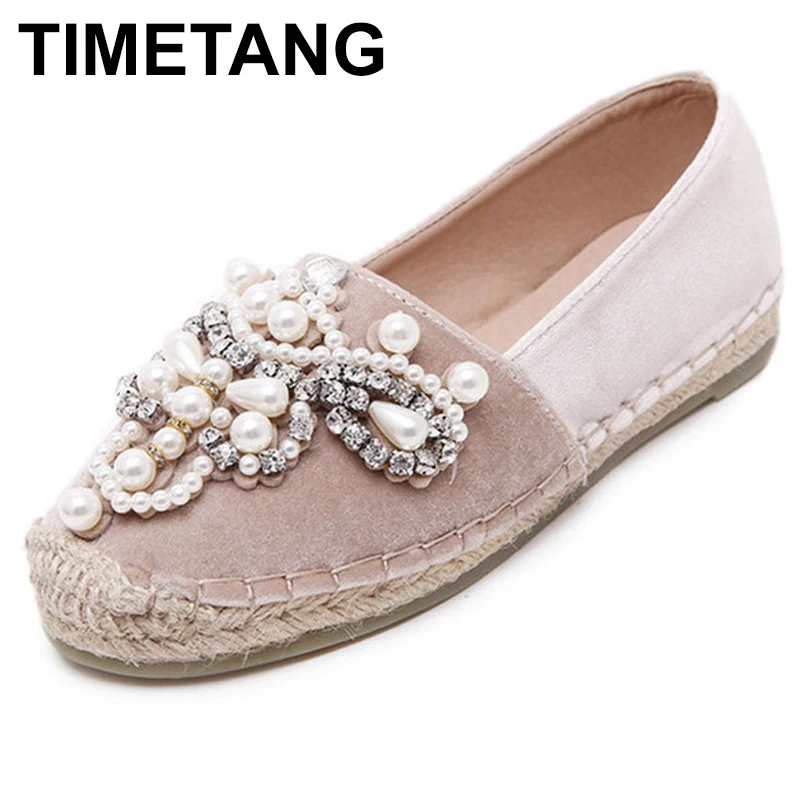 

TIMETANG Autumn Fashion Shoes Woman Slip On Round Toe Espadrilles Pearl Comfortable Hemp Bottom Frisherman Shoes For Women C229