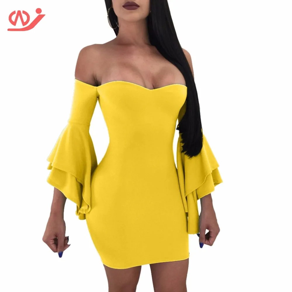 Для женщин Off Shoulder Bell Sleeve рюшами Bodycon Платья вечерние платье миди | Женская одежда