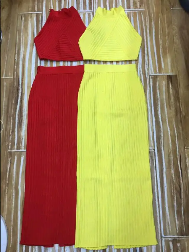 

2019 Sexy Summer Two Piece set dress halter Crop Tops sheath set long bandage Dress Sleeveless party Vestidos robe femme T-15