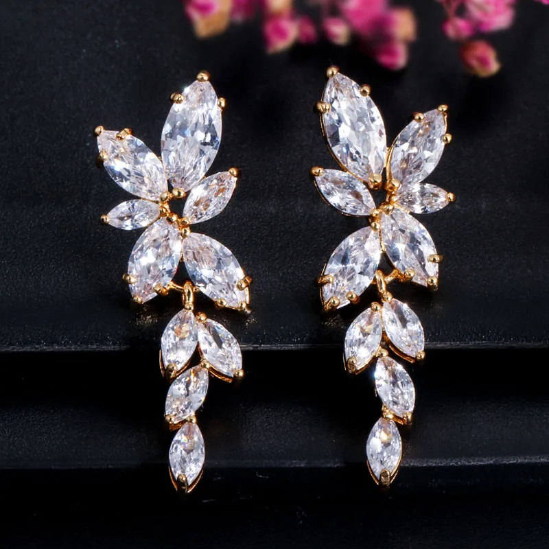yellow gold CWWZircons маркиза срезанный кластер цветок циркония Кристалл Висячие серьги блестящий лист Свадебные ювелирные изделия для женщин CZ438 - Окраска металла: yellow gold