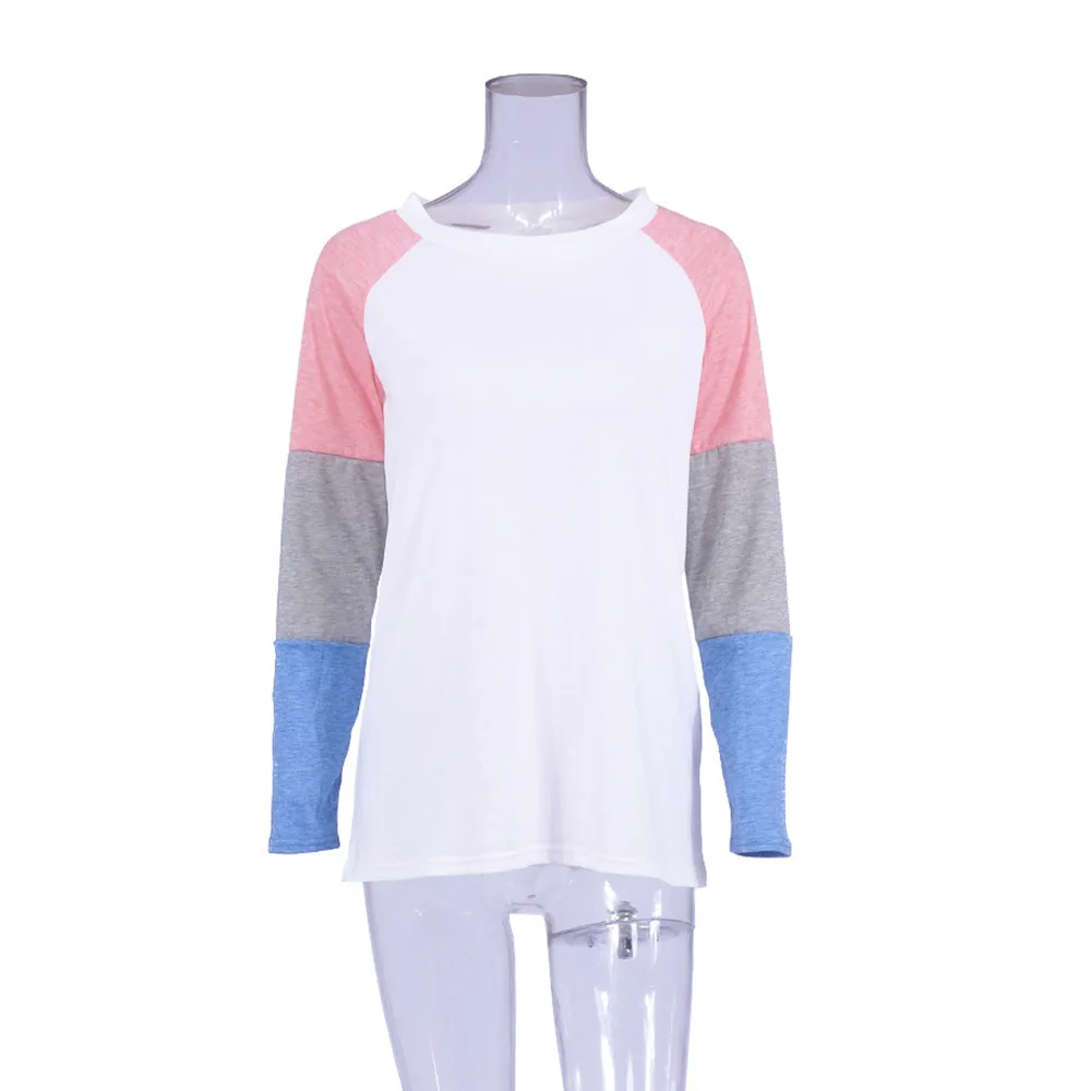 Новые женские осенние футболки с круглым вырезом пэчворк длинный рукав