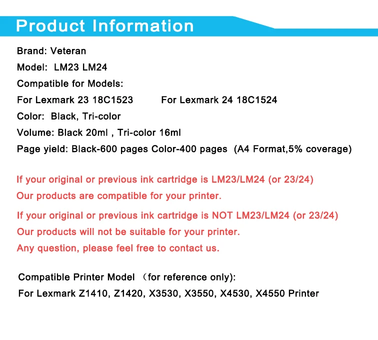 Ветеран 23 24 картридж совместимый для Lexmark с чернилами принтера Z1420 X4550 X3550 Z1410 X3530