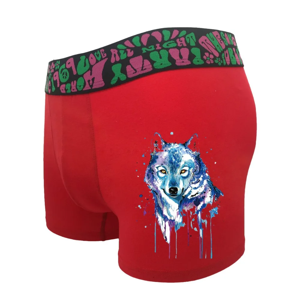 Мужские хлопковые трусы боксеры размера плюс с ярким принтом волка дышащие