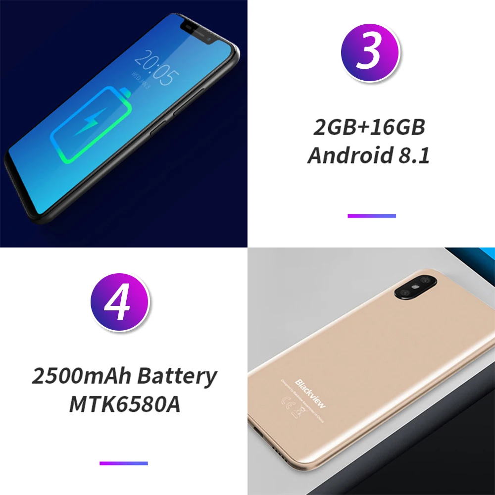 Смартфон Blackview A30 5 дюймов 19:9 полный экран 2 Гб ОЗУ 16 ПЗУ четырехъядерный процессор