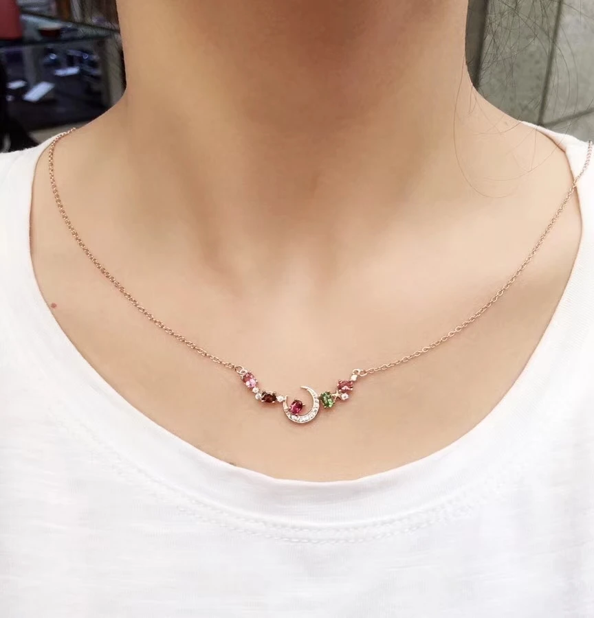 Natural Multicolor tourmaline Necklace Gemstone Pendant S925 sliver trendy Lovely Moon girl party gift Jewelry | Украшения и