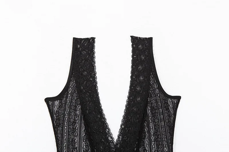 Shestyle Deep V Neck Lace Transprent Bodysuits Women Scoop Back Hollow Out Black Flower Striped Body Summer Sexy Beachwear