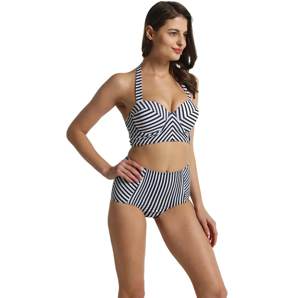 megartico women Bikini 2019 high waist retro black white stripe print two pieces swimsuit push up halter ladies bathing suit | Спорт и