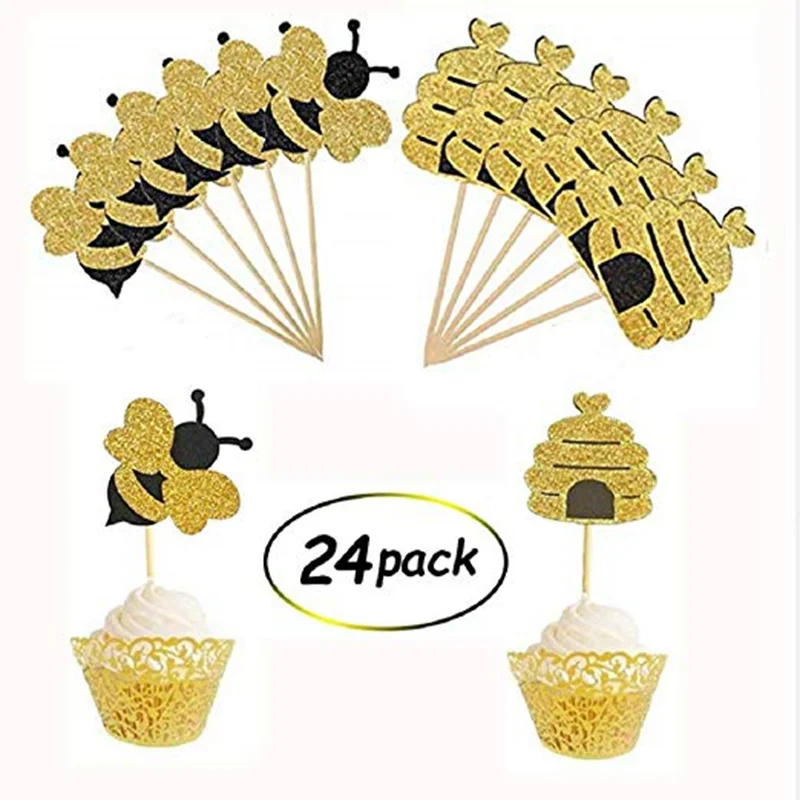 24Pcs Bumble Bee Cupcake Toppers Glitter Honeycomb Cake Topper Picks Baby Shower Gender Reveal Party Food Decoration Supplies