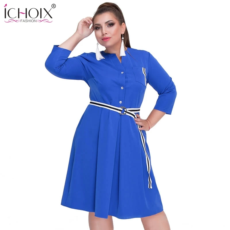 Женское офисное платье ICHOIX синее Повседневное трапеция большого размера плюс 5xl
