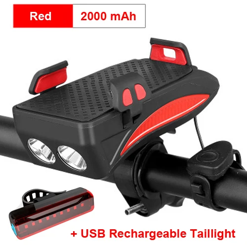 Set 2 Red 2000mAh Велосипедный светильник NEWBOLER с подзарядкой от USB, флэш-светильник, держатель для телефона, велосипедный светильник высокого качества 2000/4000 мАч, внешний аккумулятор, велосипедный рожок, светодиодный светильник - Цвет: Set 2 Red 2000mAh