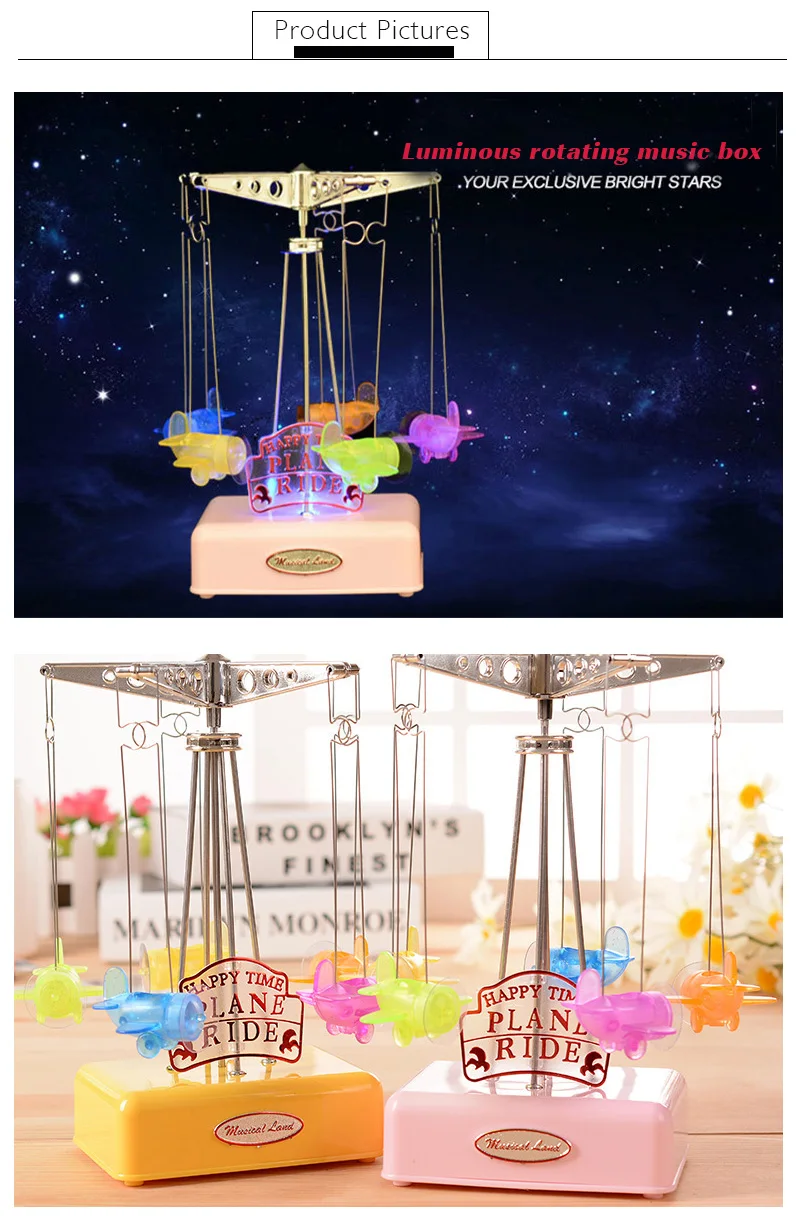Merry-go-round светодиодный светящийся музыкальный ящик с пластиковой моделью самолета ремесло движение музыкальная шкатулка карусель механизм музыкальная игрушка в подарок для ребенка