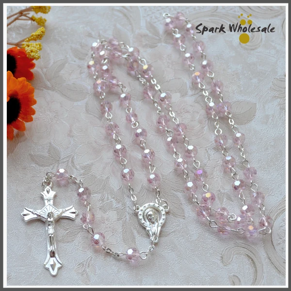 Высокое качество католические 6 мм белые хрустальные четки ожерелье Крест Иисуса