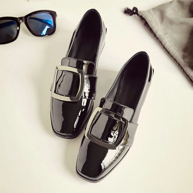 Plus Size 34-43 High quality Patent leather Casual Shoes Dress Flats Spring Autumn Buckle Genuine Leather women Loafers shoes