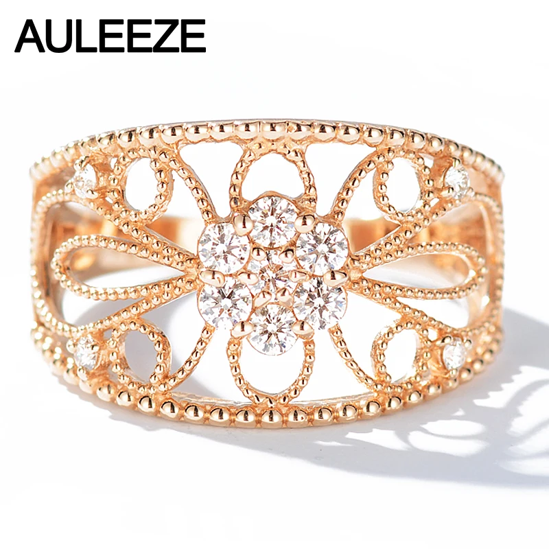 

AULEEZE 0.3ctw Natural Diamond Real 18K Rose Gold Engagement Ring Vintage Milgram Flower Wedding Band For Women Fine Jewelry